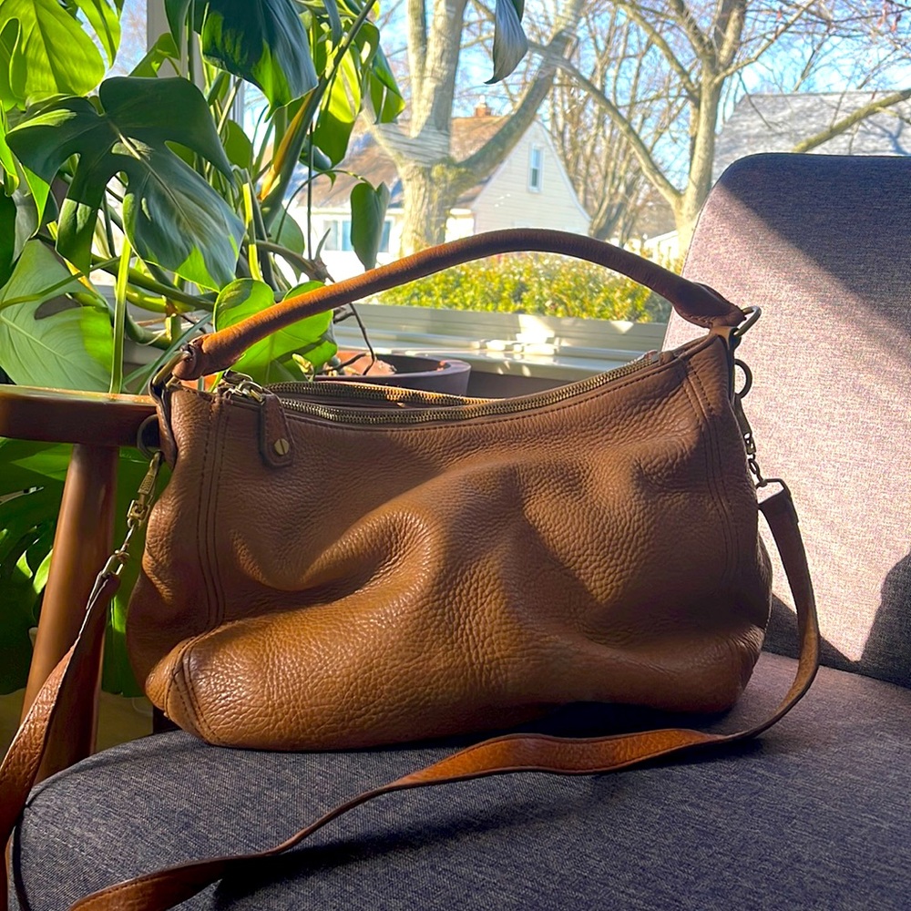 Tan leather Jcrew hobo bag with gold accents
